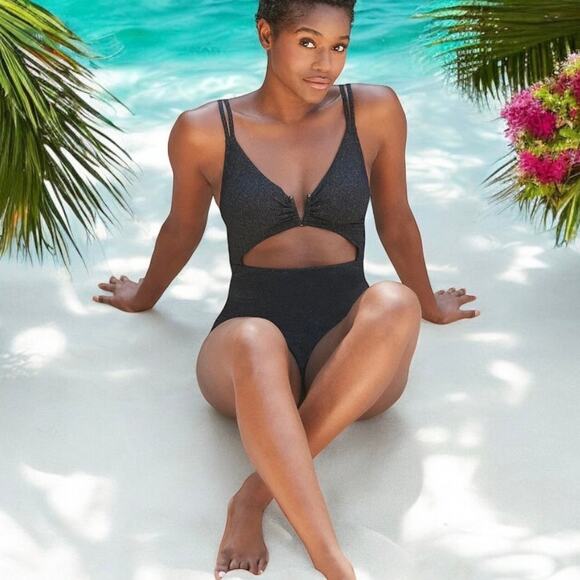 NWOT $120 Leonisa Black V-Wire Cut Out One Piece COMPRESSION Swimsuit Sz Medium